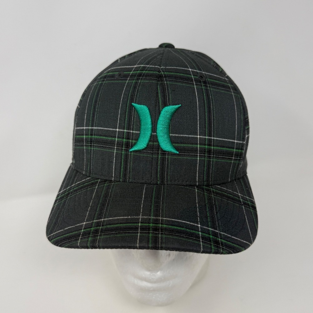 Hurley Flexfit Plaid Baseball Hat Mens L/XL Black Green Embroidered MHA0006410